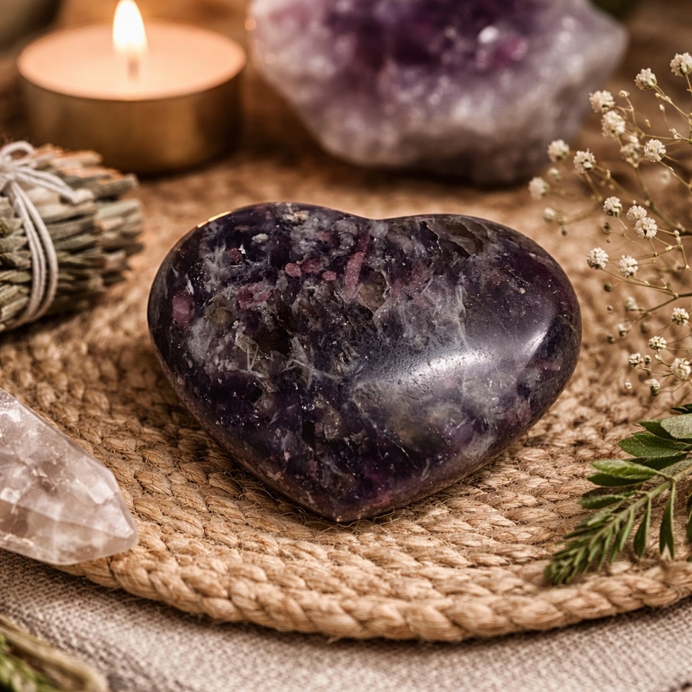 Lepidolite Polished Heart Crystal | Palm Stone | Worry Stone | Healing Crystal